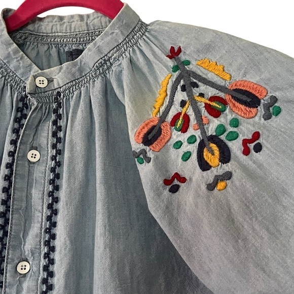 Lucky Brand chambray button down peasant shirt with floral embroidery - Picture 4 of 10